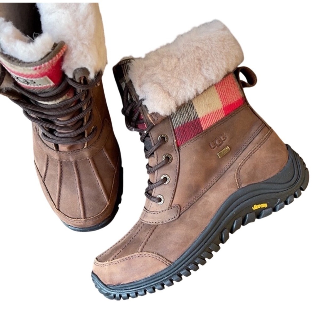 UGG Adirondack Boots Brown Leather Buffalo Plaid Waterproof Snow Red Women 5 New